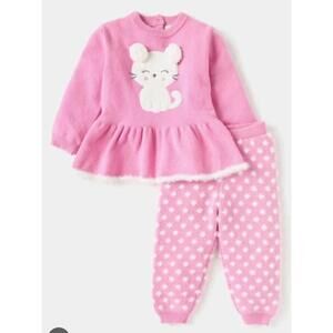 Juniors Baby Cat Applique And Jog Pants Set 0-3 Months Pink Polka Dots
